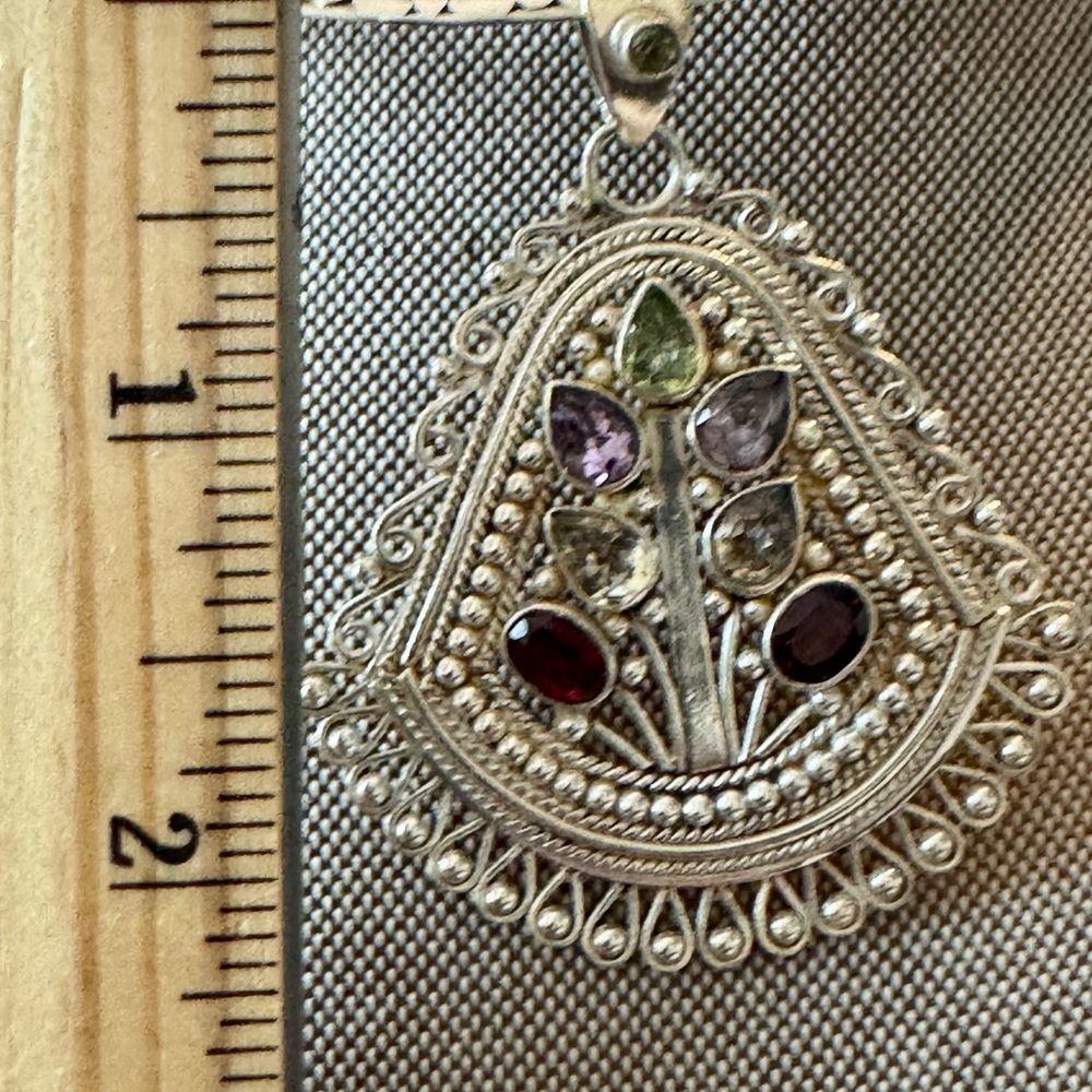 Large Artisan Silver With Multi-Gemstone Pendant - Picture 6 of 8
